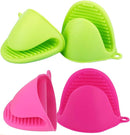 Mini silicone oven mitts for kitchen use, in bright green and pink colors