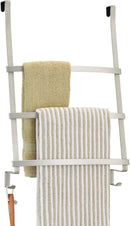 Over-the-shower door towel rack with three bars and two hooks in a satin silver finish, shown on a white background.