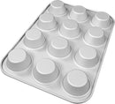 Fat Daddio’s silver anodized aluminum standard 12-cup muffin pan, 11.2 by 15.8 inches, on a white background.