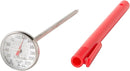 A Taylor brand instant-read analog thermometer with a round face and a separate red protective pocket sleeve.
