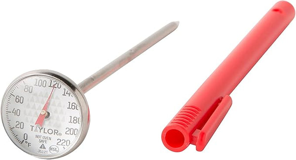 Taylor 1-inch dial analog meat thermometer with red pocket sleeve clip for grilling and cooking, displayed on a white background.