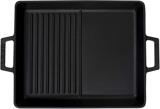Slate black enameled cast iron grill and griddle combination pan with integrated handles on a white background.