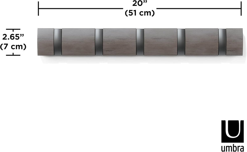 Grey pewter Umbra Flip 5 Hook wall-mounted coat rack with retractable hooks on a white background.