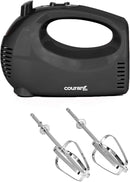 Black electric hand mixer with two chrome beaters, showing its 150 watts of power, 5 variable speed settings with a slide control, and a beater eject button.