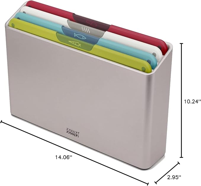 Joseph Joseph 4-piece multicolor cutting board set with slim silver storage case on a white background.

