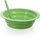 A colorful collapsible silicone bowls in  lime green with straws