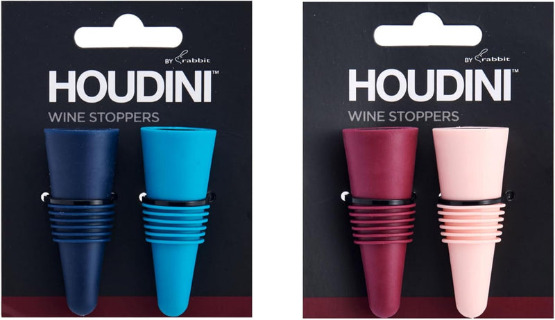 Two sets of packaged Houdini silicone wine stoppers. One package contains navy blue and bright blue stoppers, and the other contains burgundy and light pink stoppers.