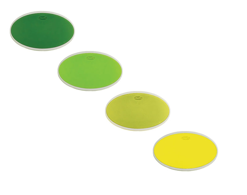 A set of four oval, plastic bag sealing clips in a tonal gradient of green and yellow colors. 