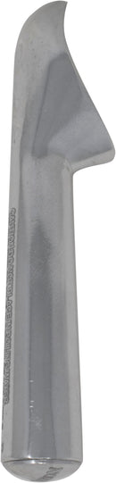 A shiny silver aluminum ice cream scoop.