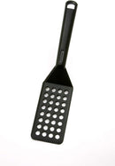 Black nylon slotted spatula with a narrow, beveled edge and long handle, shown on a white background.