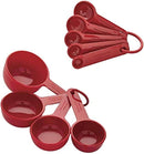 KitchenAid 9-piece red measuring cups and spoons set with soft grip handles.