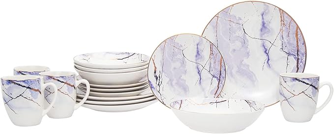Godinger 16-piece dinnerware set with plates, bowls, and mugs displayed neatly on a white background.
