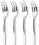 Set of four stainless steel serving forks arranged in a fan shape on a white background.