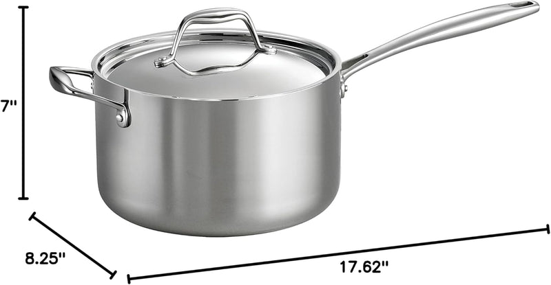 Tramontina 4-quart tri-ply clad stainless steel saucepan with lid, displayed on a white background.