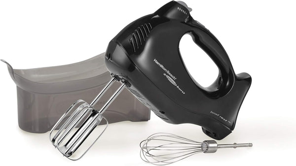 Black 6-speed electric hand mixer with stainless steel beaters.