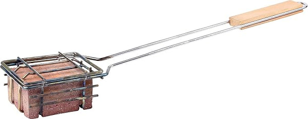 Ner Mitzvah kashering stone set with wooden handle and metal basket on a white background.
