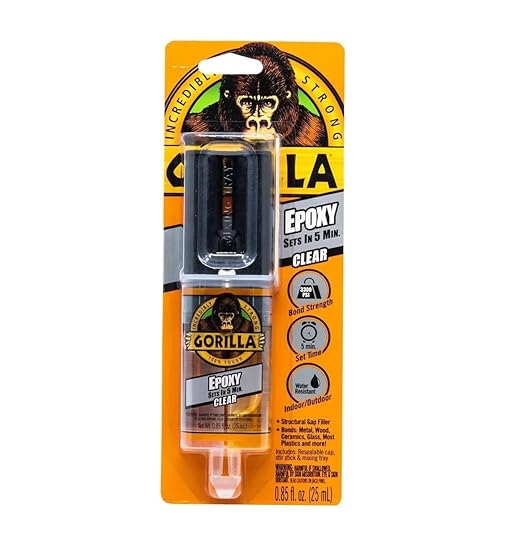 Gorilla brand epoxy adhesive in a clear dual syringe, designed to set in 5 minutes and provide a strong, 100% tough bond.