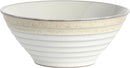 Cereal Bowl: Taupe stoneware cereal bowl with rounded sides and embossed spiral texture.