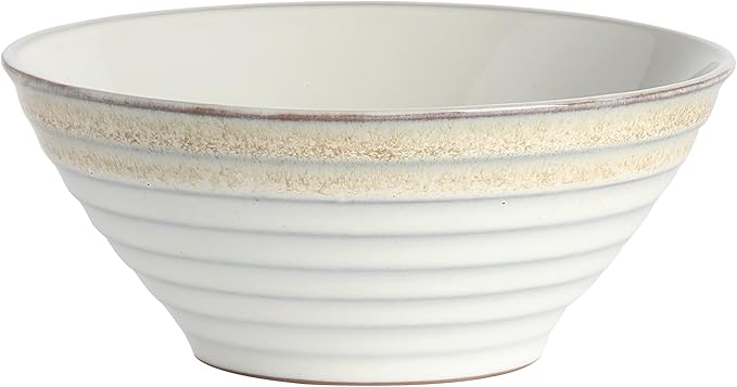 Cereal Bowl: Taupe stoneware cereal bowl with rounded sides and embossed spiral texture, shown on a white background.