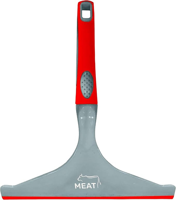 A kitchen squeegee with a red handle and a grey blade. The blade is labeled 'MEAT' and has a small cow icon.