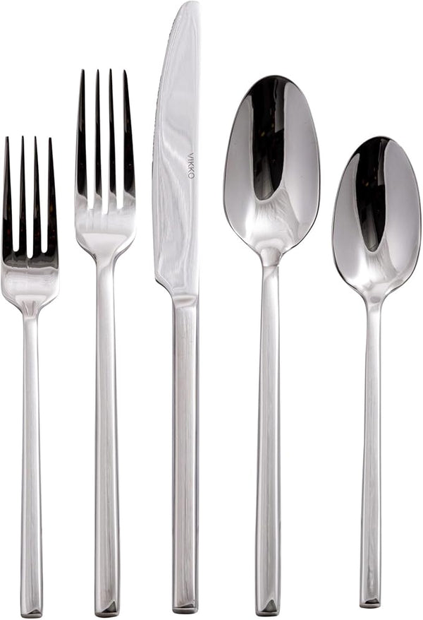 ikko stainless steel silverware set with squared handles and mirrored finish arranged neatly on a white background.