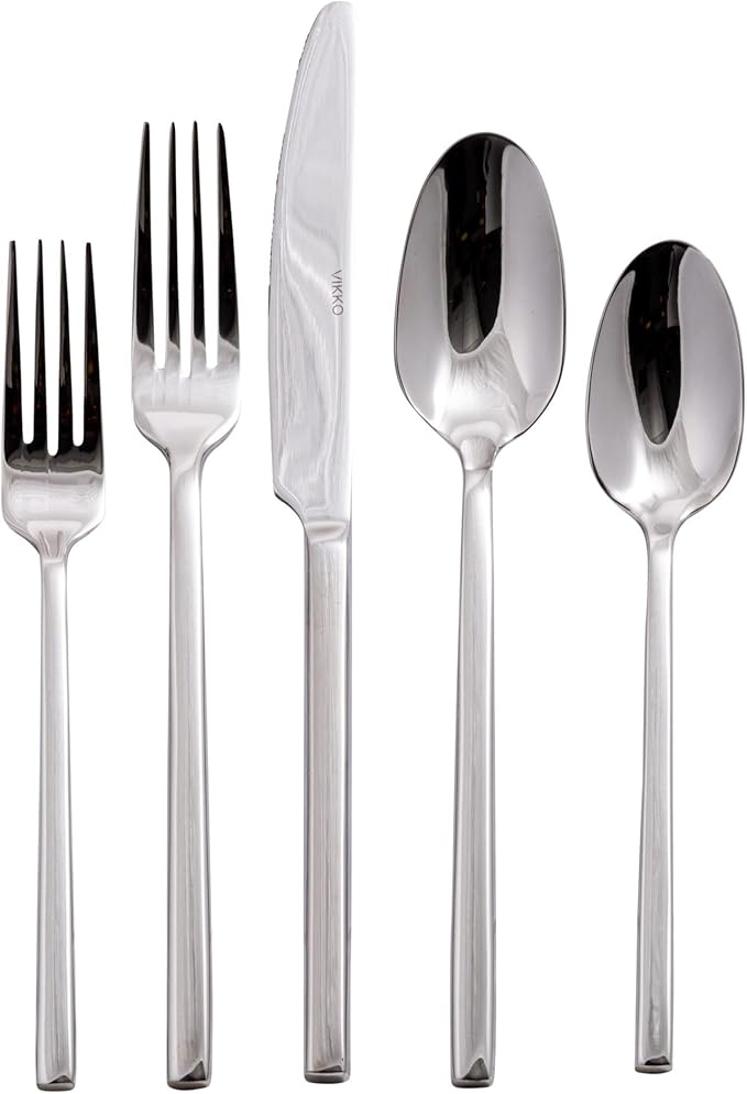 ikko stainless steel silverware set with squared handles and mirrored finish arranged neatly on a white background.