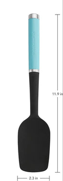 Black silicone spoon spatula with curved edges and an aqua sky handle, displayed with dimensions on a white background.