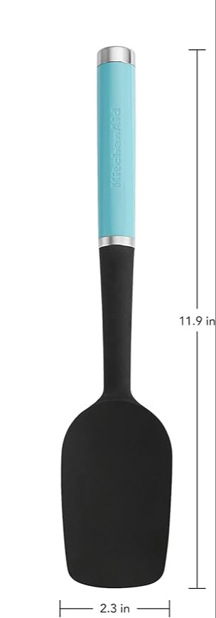 Black silicone spoon spatula with curved edges and an aqua sky handle, displayed with dimensions on a white background.