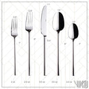 Vikko stainless steel silverware set with squared handles and mirrored finish arranged neatly on a white background.