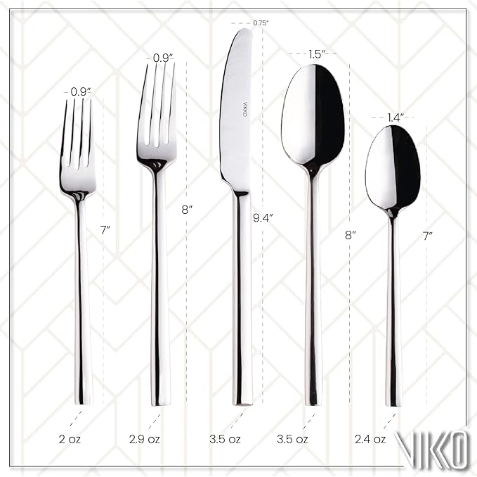 Vikko stainless steel silverware set with squared handles and mirrored finish arranged neatly on a white background.