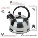 Polished stainless steel whistling tea kettle with black handle 2.6 quart