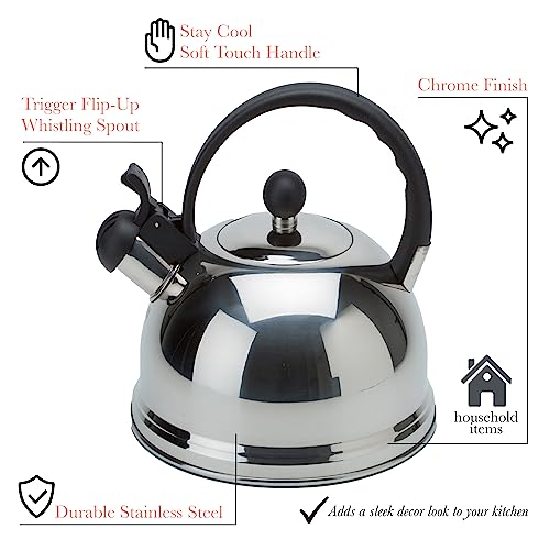 Kitchen Details Stainless Steel Whistling Tea Kettle | Stovetop | 10 Cup | 2.6 Quart | Chrome