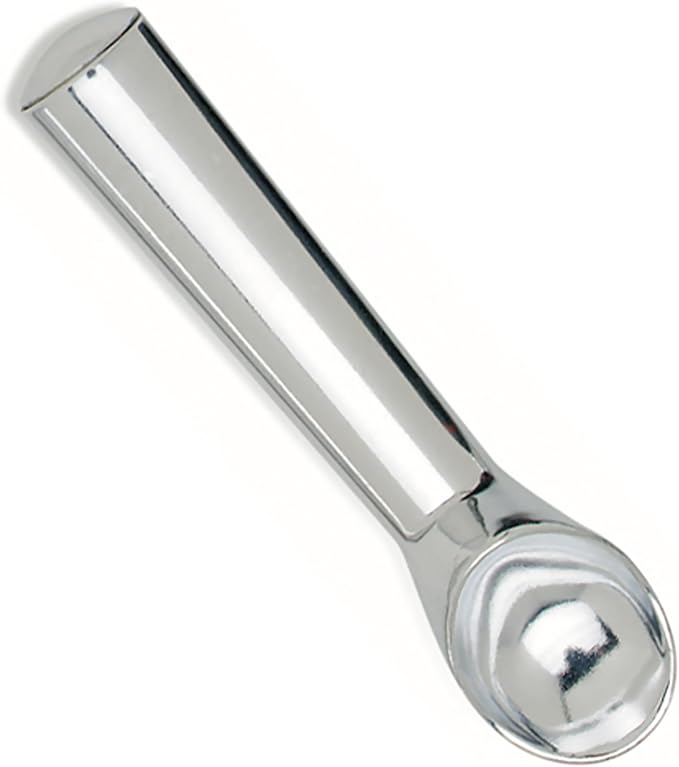 Silver 7-inch aluminum ice cream scoop by Norpro with heat-conductive handle, shown on a white background.