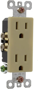 A close-up of a duplex electrical outlet in an off-white or ivory color. The front has two vertically stacked, three-hole sockets. The metal mounting plate and screw terminals for wiring are visible on the sides.