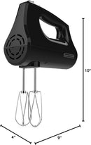 Black 5-speed hand mixer with beaters, whisks, and storage case on white background.