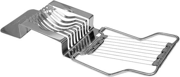 Aluminum egg and mushroom slicer with short handle and stainless steel wires, shown on a white background.
