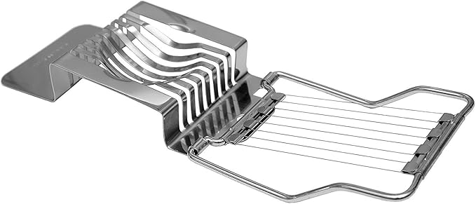 Aluminum egg and mushroom slicer with short handle and stainless steel wires, shown on a white background.