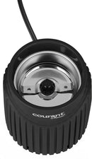 Black electric coffee grinder with a clear lid, featuring a textured body.