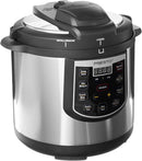 Stainless steel and black electric pressure cooker with a digital control panel.