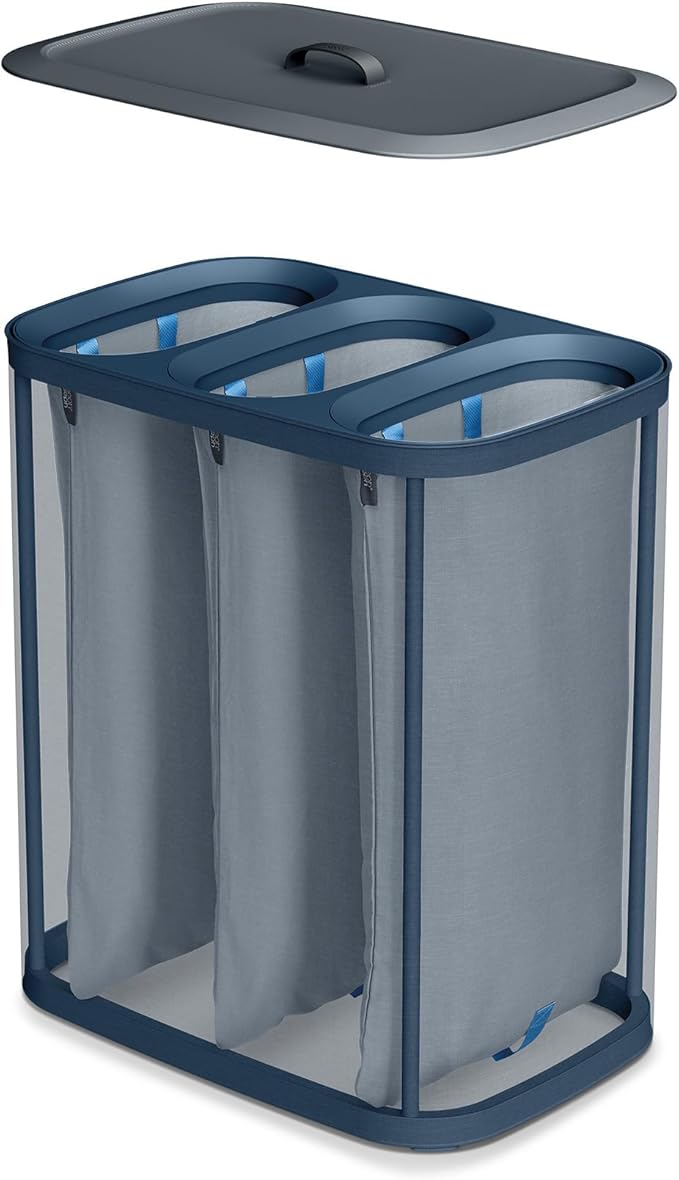90-liter laundry hamper in black and dark blue with three removable bags and a lid, shown on a white background.