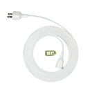 A coiled, white, flat extension cord with a 2-prong plug and single outlet, showing a label that reads "10 FT."
