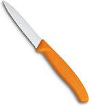 Victorinox 3.25-inch serrated paring knife with orange handle, angled on a white background.