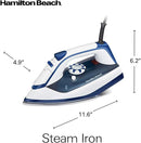 White and blue clothes iron with a stainless steel soleplate.