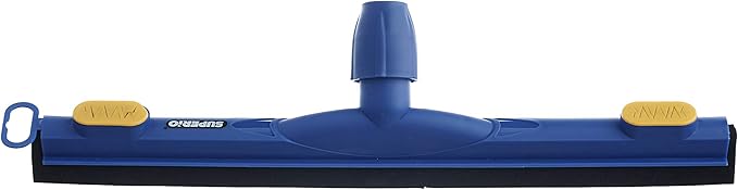 A blue Superio floor squeegee with a 48-inch handle. It has an 18-inch wide black dual moss foam blade for streak-free drying on a variety of surfaces.
