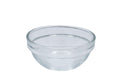 A clear plastic box containing a set of small glass bowls for a Seder plate, with a close-up of a single bowl shown.
