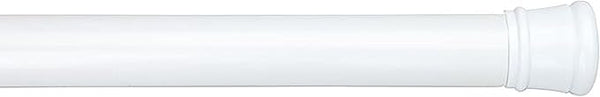 White adjustable steel tension curtain rod with rubberized end grips, displayed on a white background.