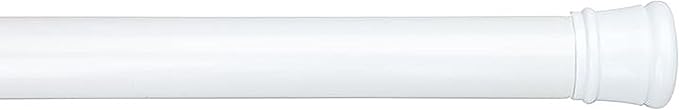 White adjustable steel tension curtain rod with rubberized end grips, displayed on a white background.