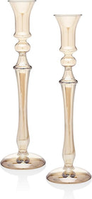 Set of two 10" bronze stemmed candle stick holders with amber accents, designed as table centerpieces, on a white background.