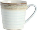 Mug: Taupe stoneware mug with a comfortable handle and reactive glaze finish.