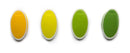 A set of four oval, plastic bag sealing clips in a tonal gradient of green and yellow colors. 
